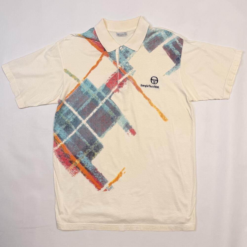 Sergio Tacchini Polo Shirt Mens M/L Cream multicolor plaid Tennis light Vintage